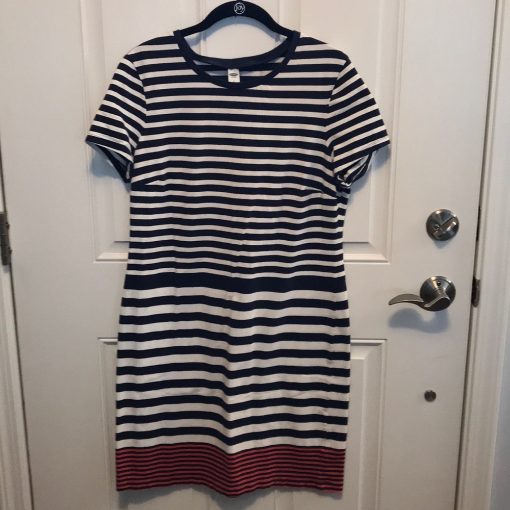 ❤️ Old Navy Dress Large Stripes White Navy Orange T-Shirt Dress